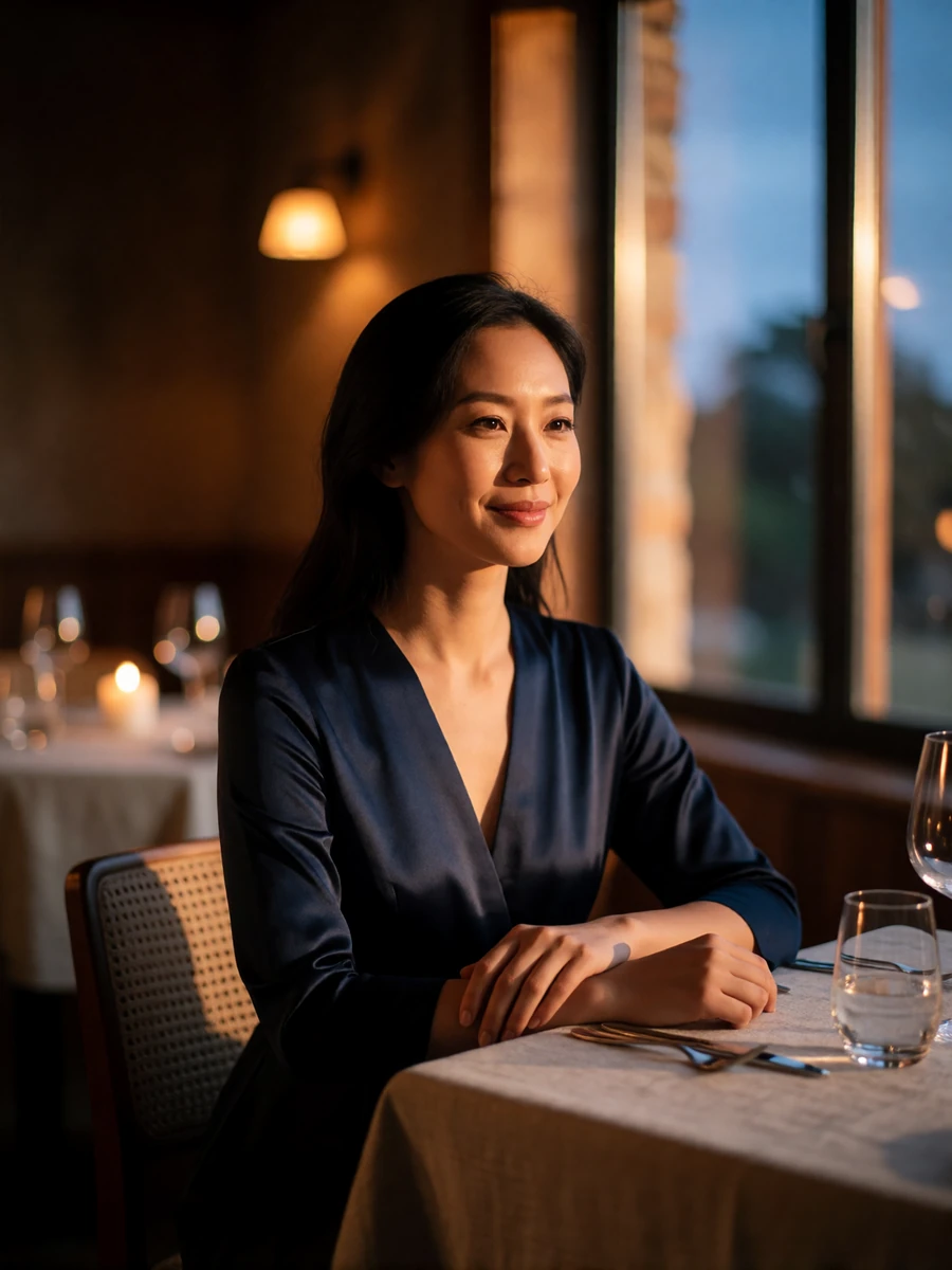 Elegant Asian woman at a linen-covered restaurant table near a window at dusk, an example of an early evening first date
