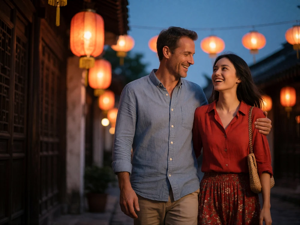 Chinese woman and a Western man walking arm in arm along an evening street lit by warm hanging lanterns