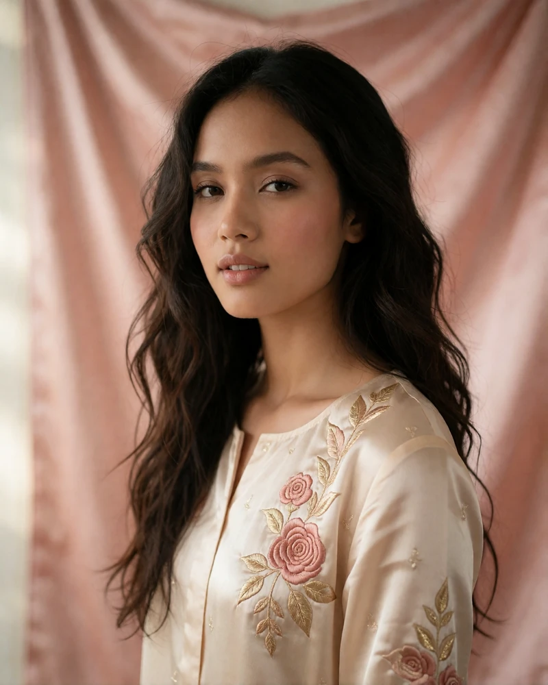 Cambodian woman in a cream silk top with rose embroidery in a soft studio portrait, verified member profile photo