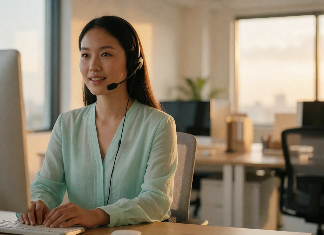 Asian customer support specialist wearing a headset at a tidy desk in a bright, modern office