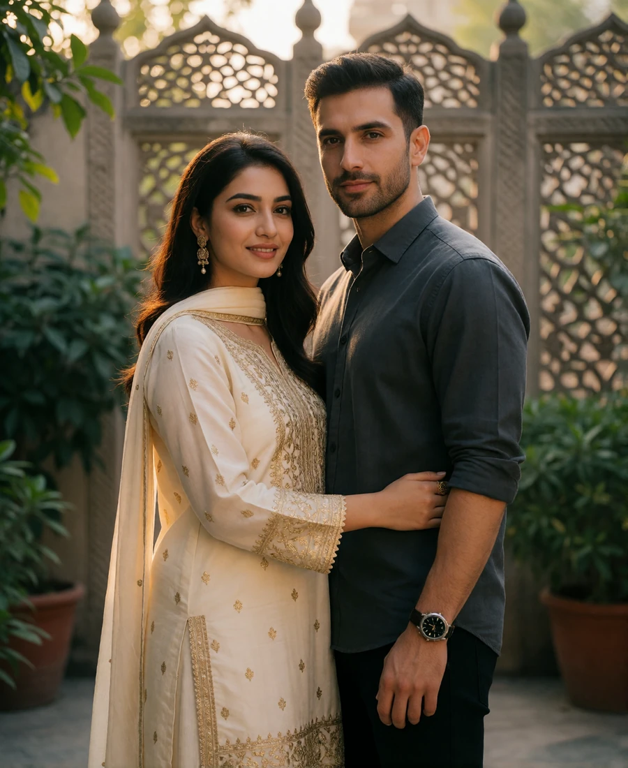Pakistani woman in a cream and gold outfit standing beside a Western man in a grey shirt in a stone courtyard