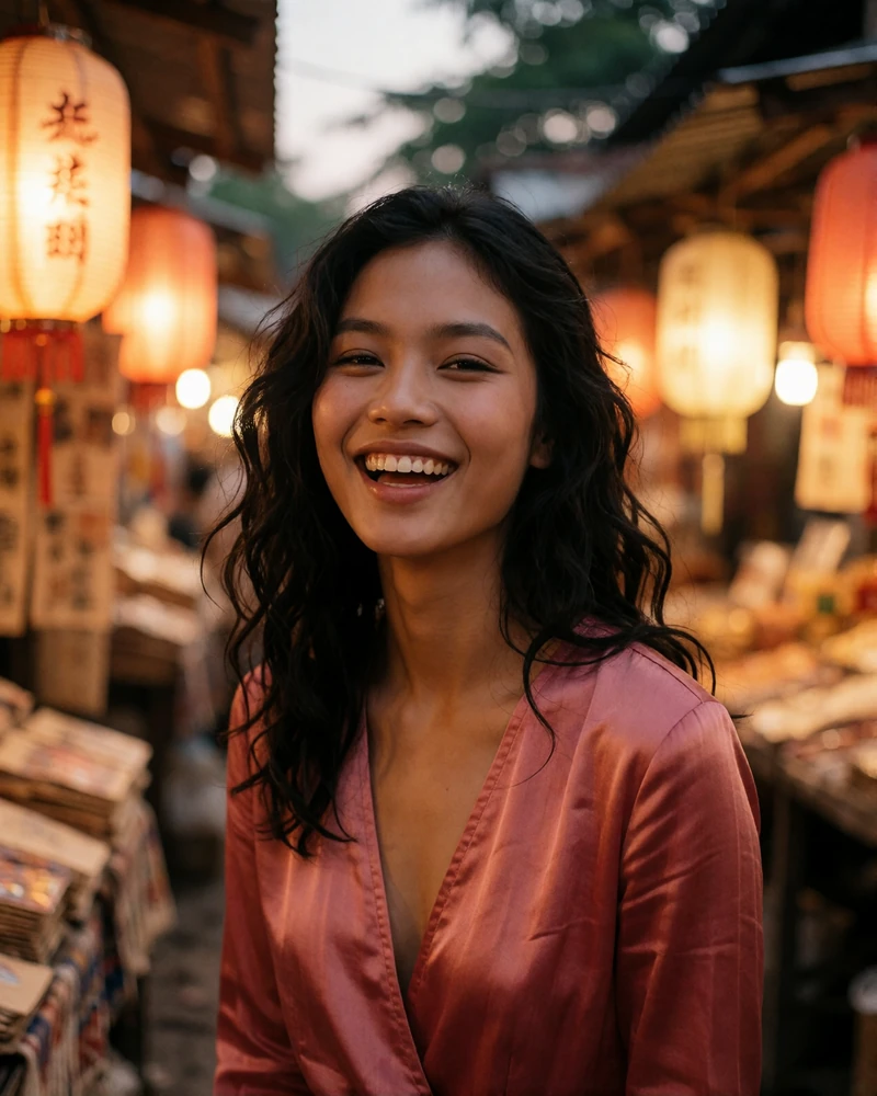 Laotian woman in a deep-rose top laughing softly in a warmly lit evening market lane, featured member profile photo
