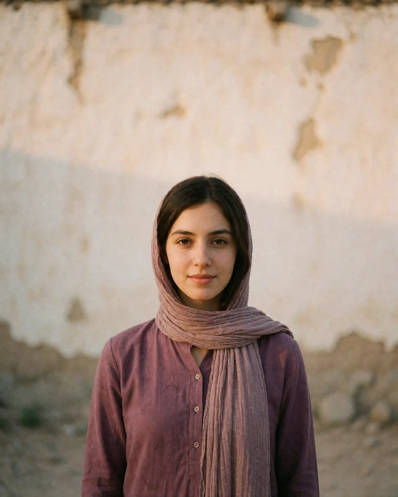 Young Afghan woman in a soft plum tunic and lightly draped headscarf smiling in natural daylight, featured member profile photo