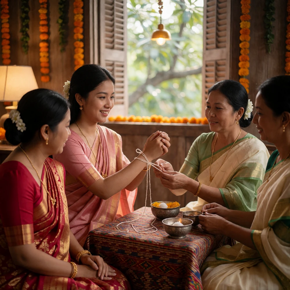 Lao family blessing ceremony with relatives tying cotton threads on a young woman's wrist around a low table