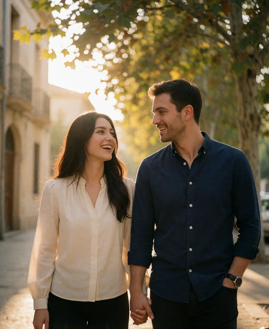 Tajik woman in a cream blouse and Western man walking hand in hand along a sunlit tree-lined boulevard