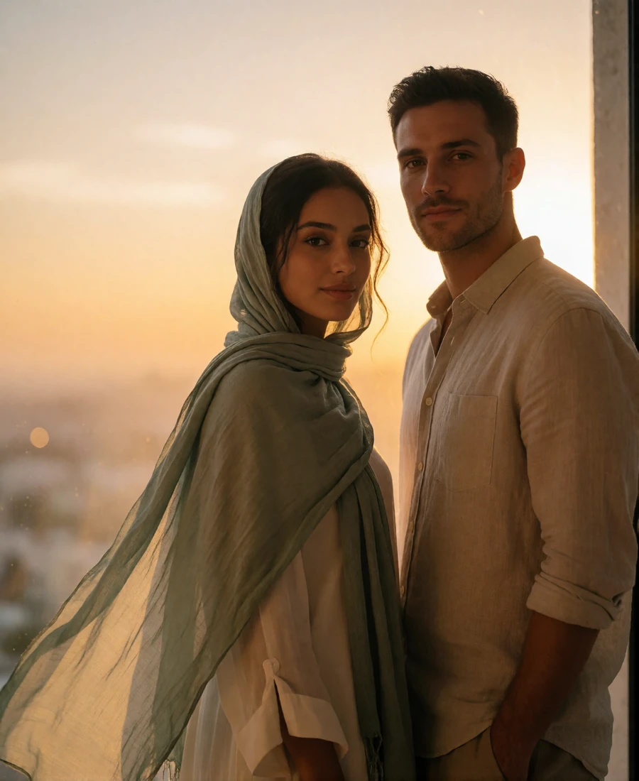 Yemeni woman in a flowing sage scarf standing beside a Western man at a high viewpoint at sunset