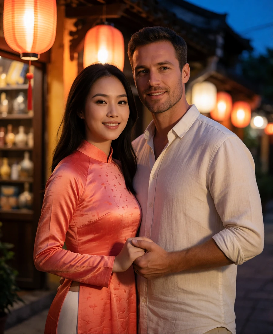 Vietnamese woman in a coral ao dai and Western man walking together on a lantern-lit evening street