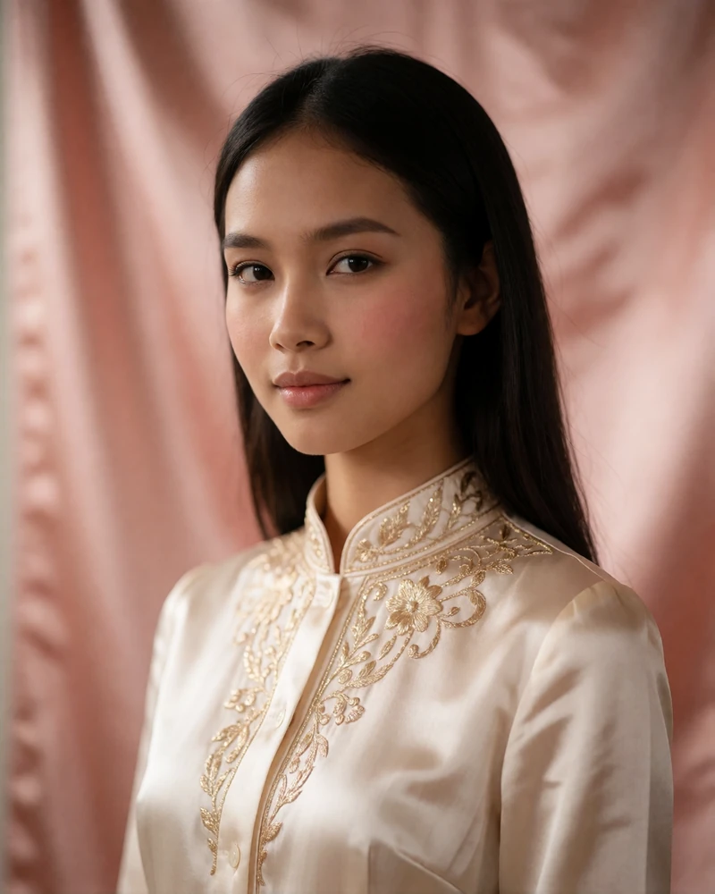 Elegant Burmese woman in an ivory silk blouse with gold embroidery in a warm studio portrait