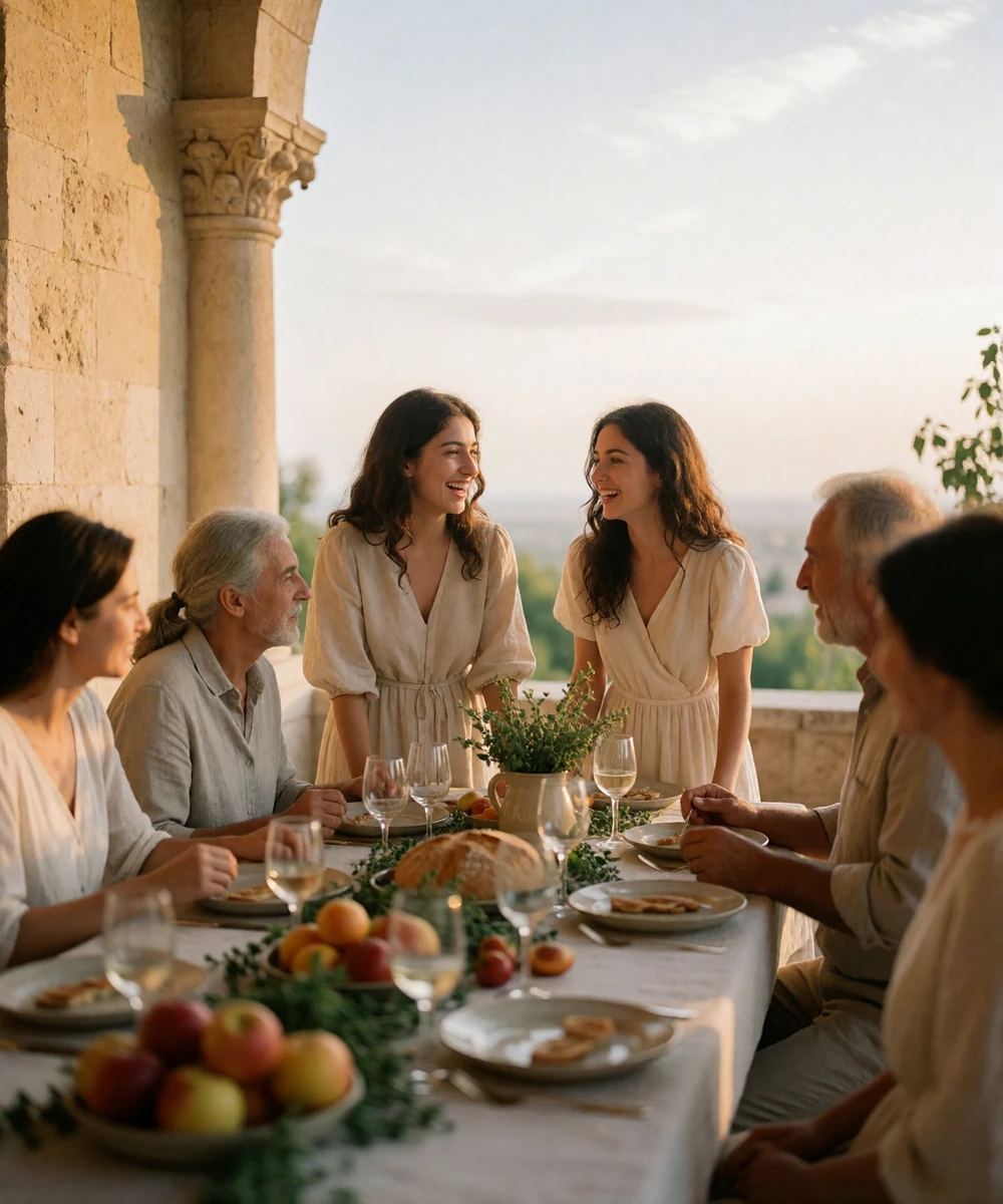 Armenian family gathered around a long table on a sunlit stone terrace with fruit, herbs and bread