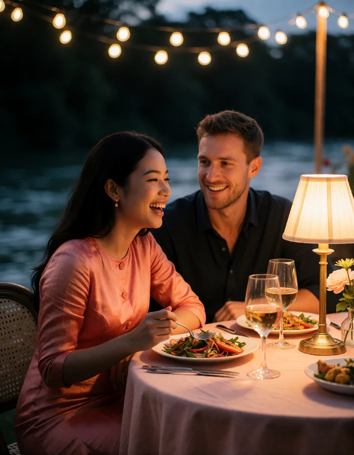Burmese woman in a coral dress laughing with a Western man in a dark shirt at a riverside dinner table in the evening