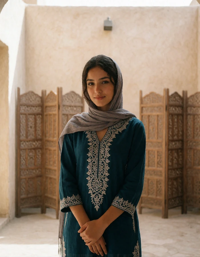 Young Yemeni woman in a soft grey headscarf and teal embroidered dress in a sunlit interior courtyard, featured Yemeni dating profile photo