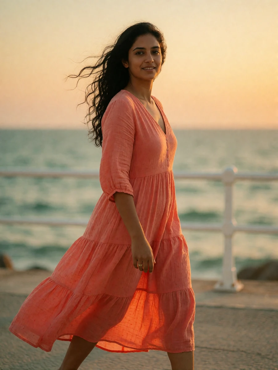 Indian woman in a coral cotton dress walking along a coastal promenade at golden hour, featured Indian dating profile photo