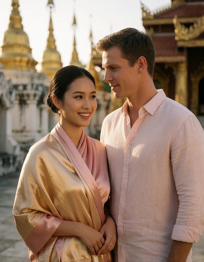 Burmese woman in a soft gold silk wrap smiling beside a Western man in a light linen shirt in a sunlit temple courtyard