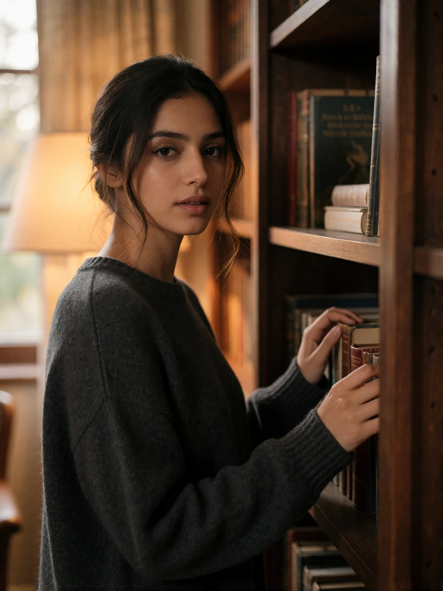 Young Pakistani woman in a charcoal knit sweater beside wooden bookshelves, a featured member profile photo