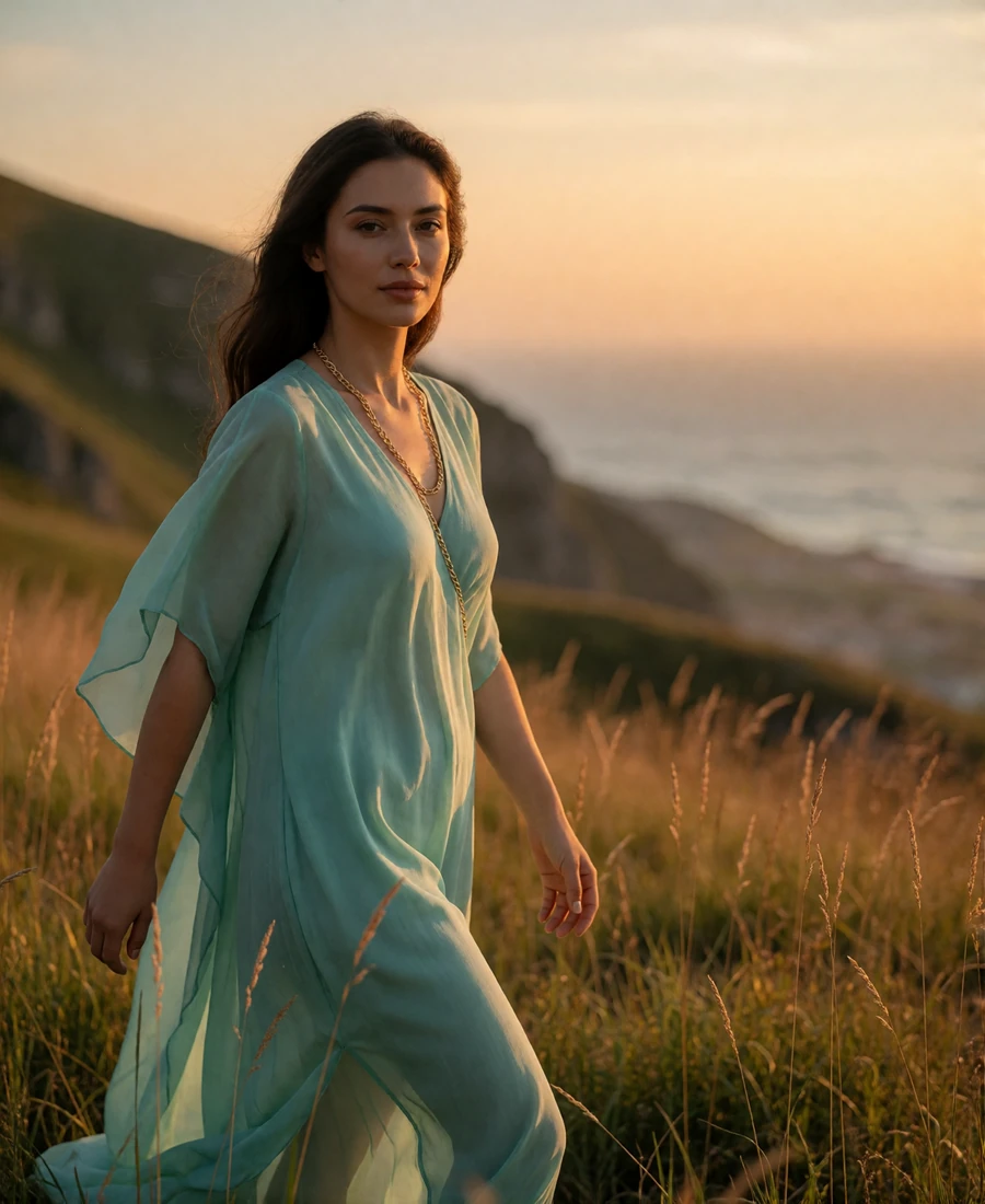 Kyrgyz woman in a seafoam dress standing in a mountain meadow at golden hour, featured Kyrgyz brides profile photo