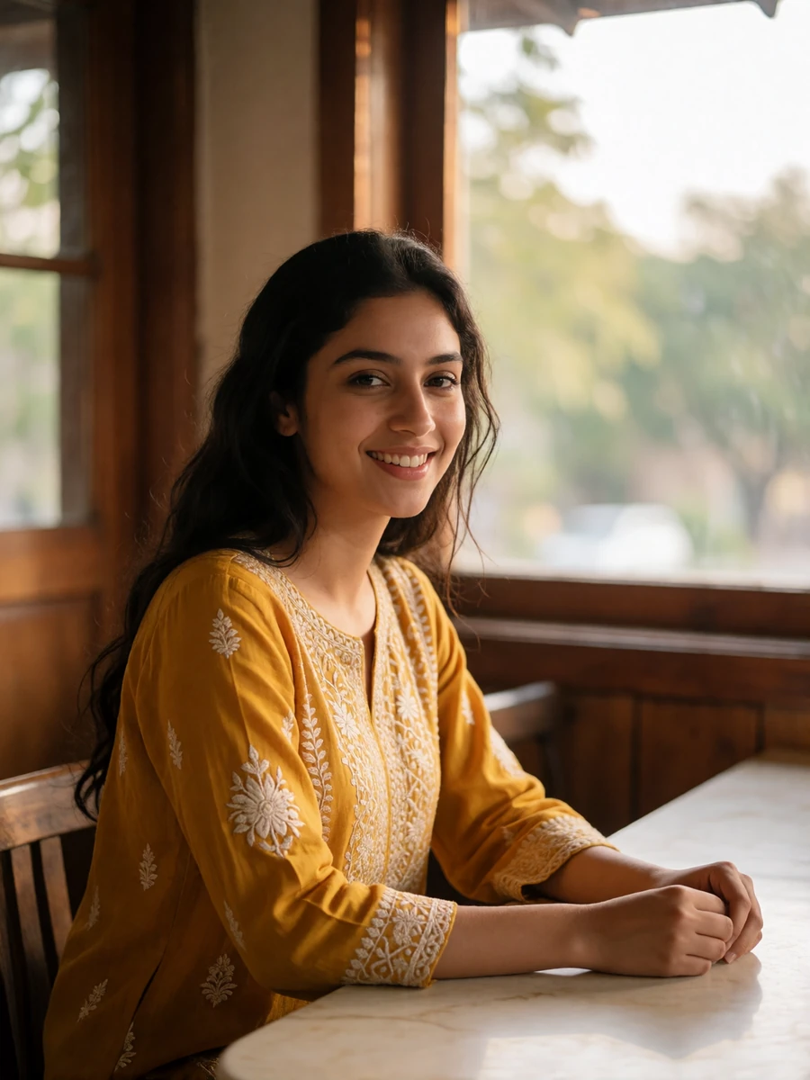 Pakistani woman in a mustard embroidered top smiling at a bright tea-house table, a featured Pakistani singles online profile photo