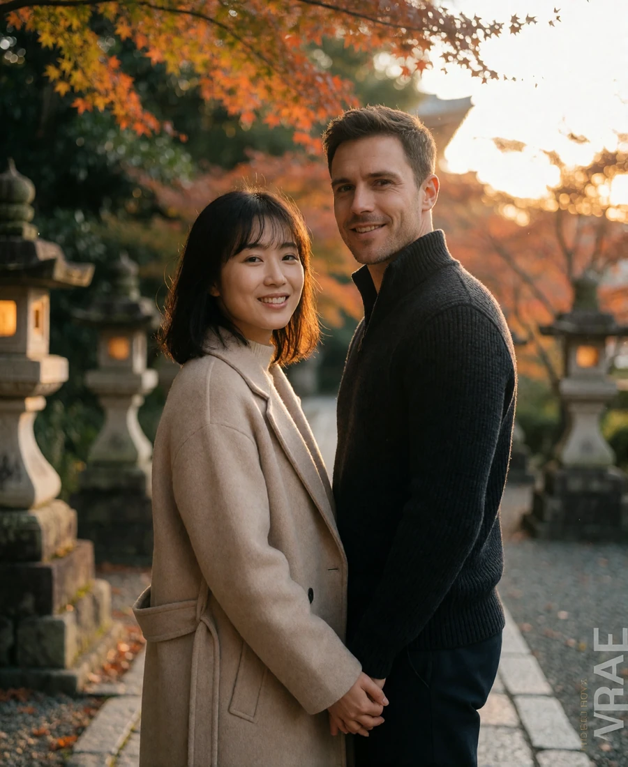 Japanese woman in a beige coat and Western man walking together on a tree-lined temple path at golden hour