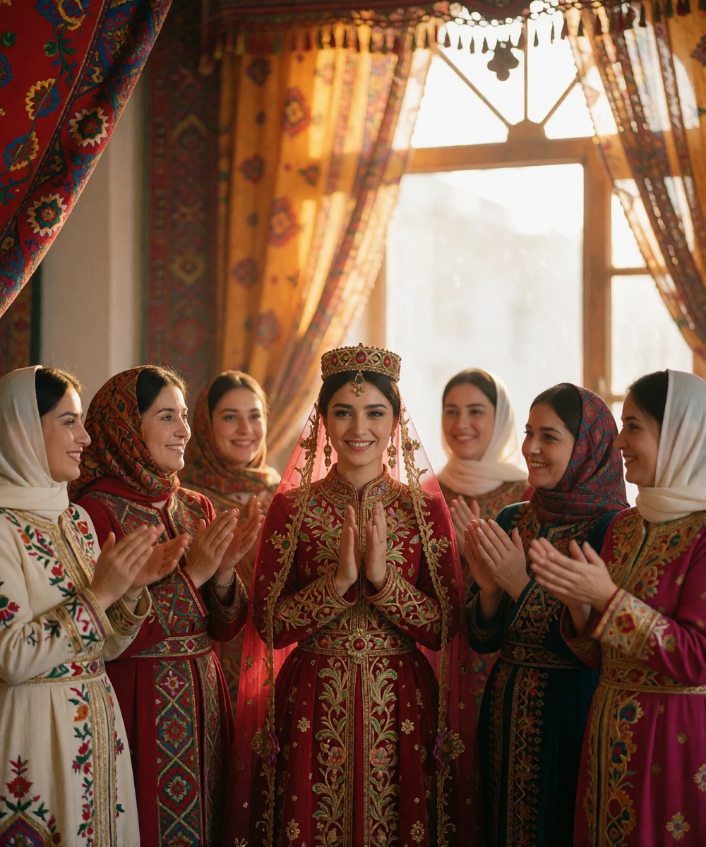 Turkmen bride in an embroidered crimson and gold dress surrounded by smiling female relatives at a traditional celebration