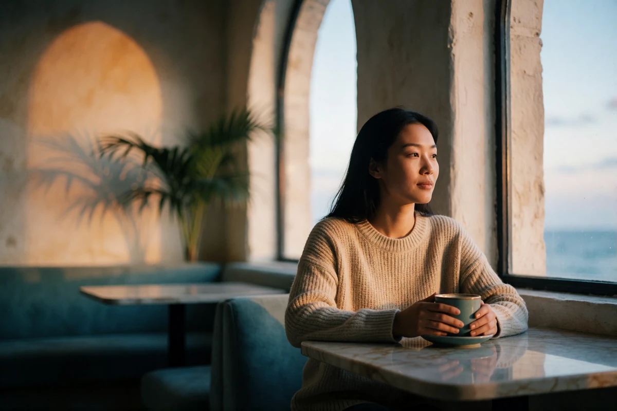 Asian woman holding a warm ceramic cup at a marble café table, reflecting on a relationship conversation