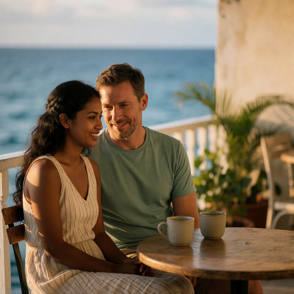 Timorese woman and Western man sitting together on a café balcony overlooking the sea, mid-conversation with easy smiles