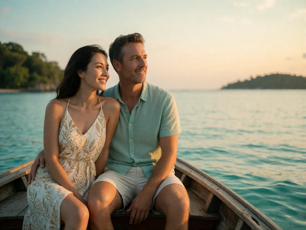 Thai woman leaning against a Western man on a small wooden boat over calm turquoise water