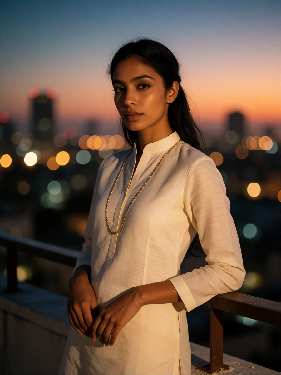 Indian woman in an ivory kurta on a rooftop at dusk with a city skyline behind her, featured Indian bride profile photo