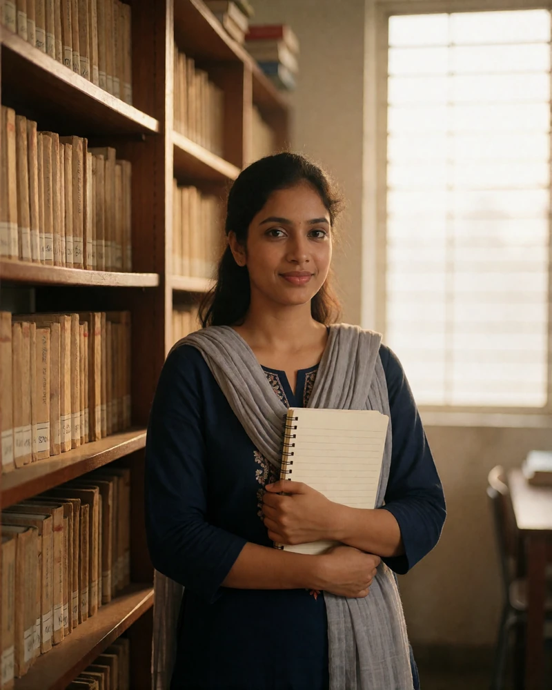 Bangladeshi woman in a navy kurta beside study-room shelves holding a notebook, featured profile photo