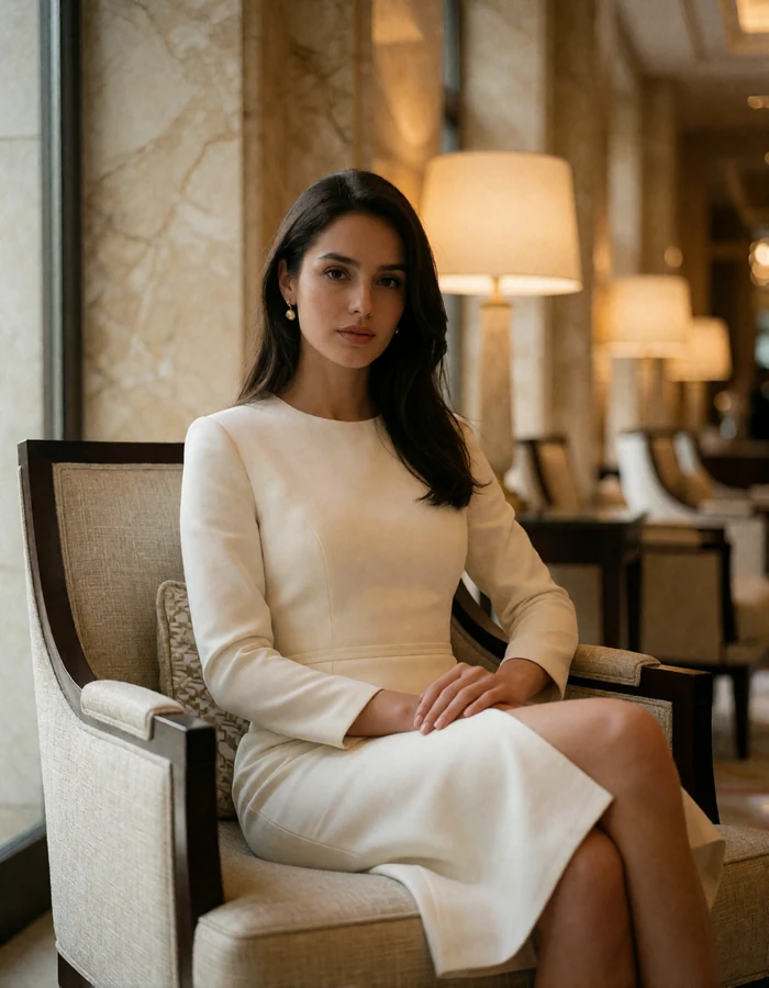 Poised Turkmen woman in an ivory dress seated in a hotel lobby armchair, featured member profile photo