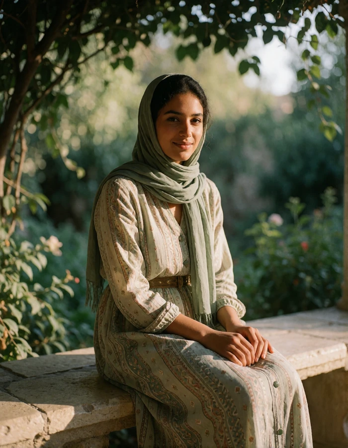 Yemeni woman in a sage headscarf seated on a stone garden bench, featured Yemeni singles online profile photo