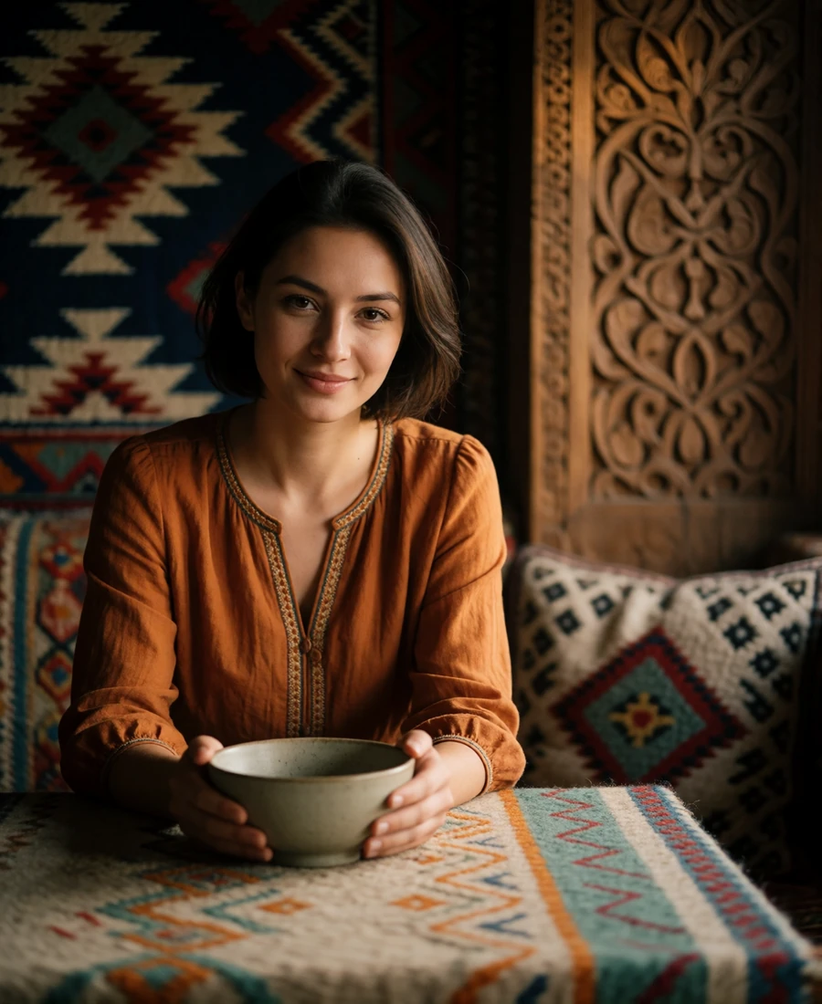 Kyrgyz woman in an embroidered rust-toned blouse seated in a traditional tea house, featured member profile photo