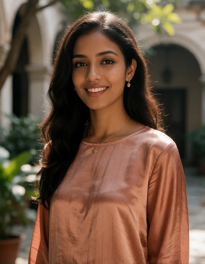 Malaysian woman of Indian heritage in a terracotta top standing in a shaded courtyard with colonial arches, featured member profile photo
