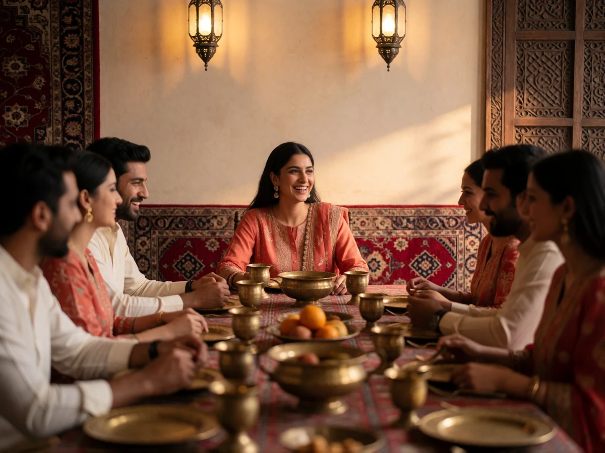 Pakistani woman sharing a laugh with relatives at a long dining table set with brass serveware and lantern light