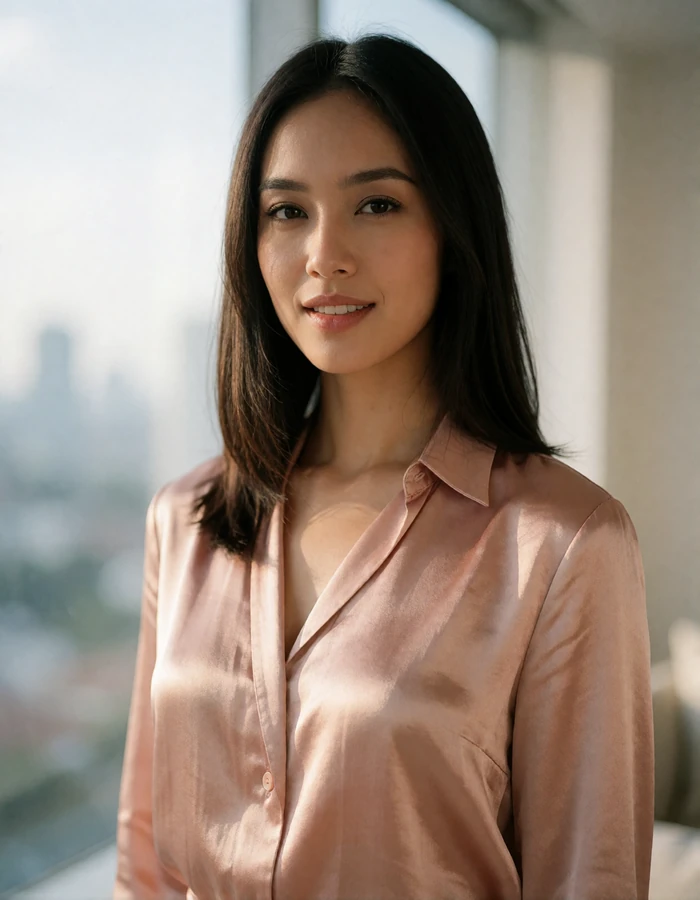 Malaysian woman in a cream silk blouse smiling in a bright modern Kuala Lumpur apartment, featured dating profile photo