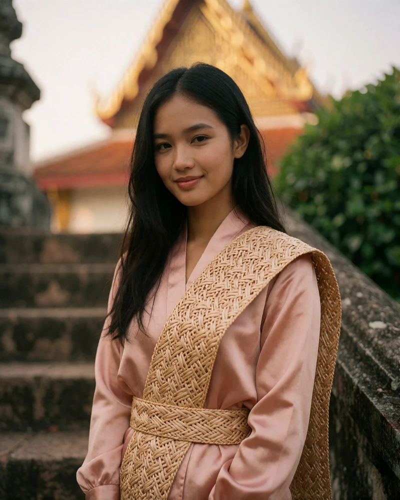Young Laotian woman in a blush blouse smiling near weathered stone temple steps, featured Laotian dating profile photo