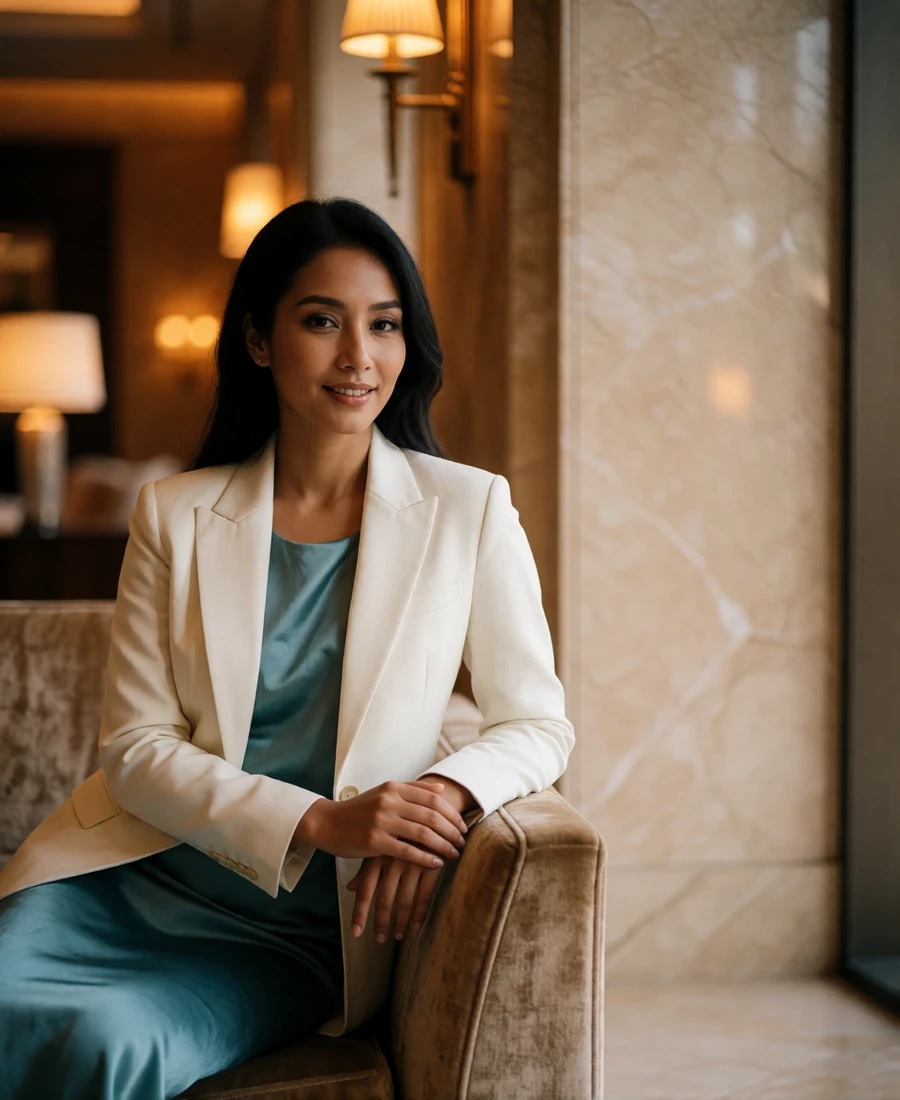 Bruneian woman in an ivory blazer sitting on a velvet lounge sofa in a hotel lobby, verified member profile photo