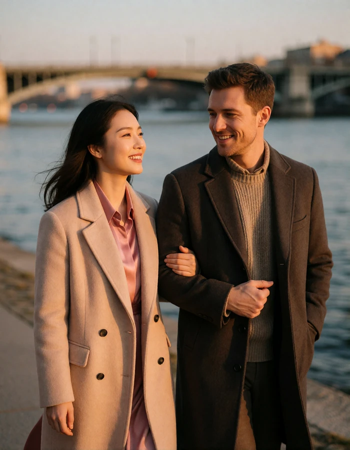 Korean woman in a beige coat walking arm in arm with a Western man along a riverside promenade at golden hour