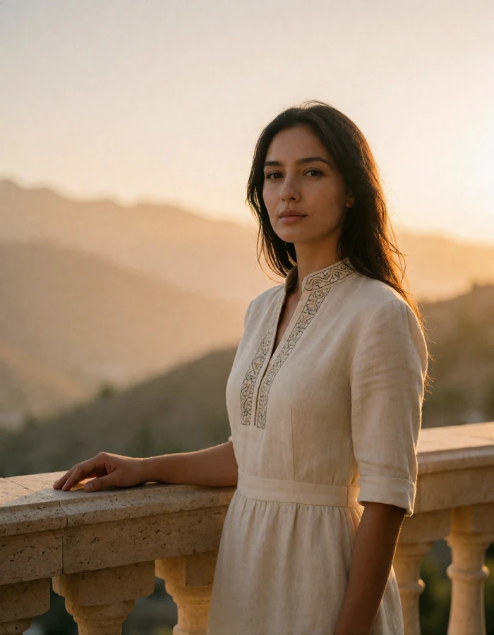 Tajik woman in a cream embroidered linen dress standing on a hotel terrace at golden hour, featured profile photo