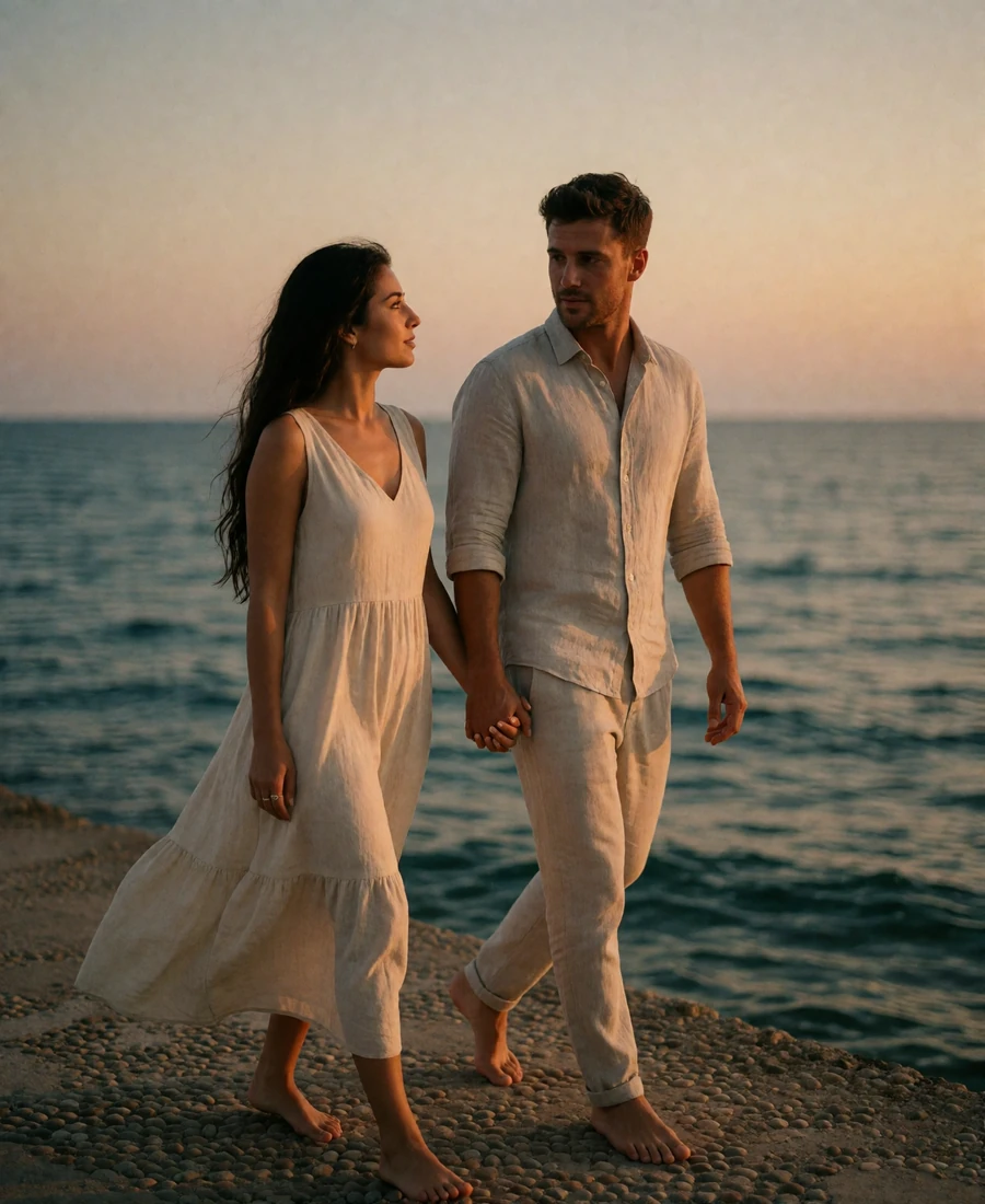 Jordanian woman in a light dress and Western man in a linen shirt walking along a seaside promenade at dusk