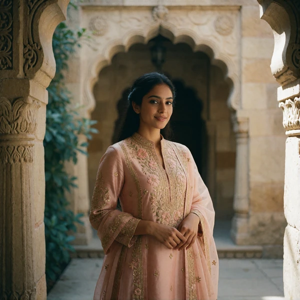 Indian woman in blush and gold embroidery in a sunlit stone courtyard, representing Indian dating profiles