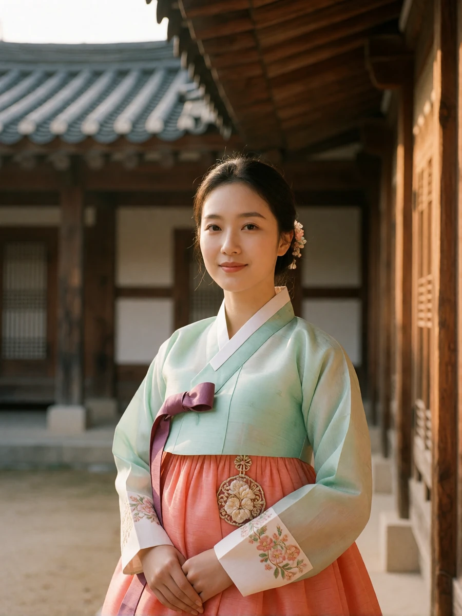 Korean woman in a pastel mint and coral hanbok standing in a traditional wooden courtyard, featured Korean bride profile photo