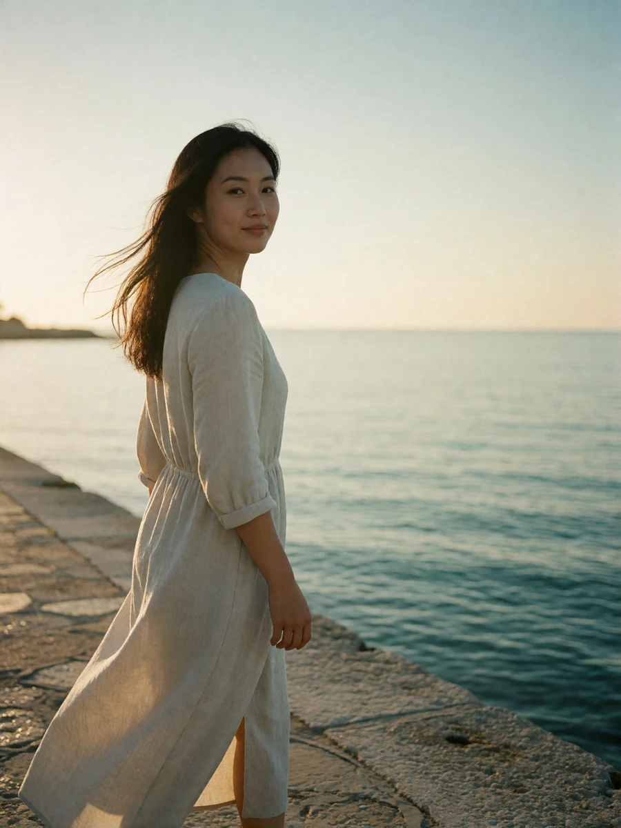 Elegant Asian woman walking along a sunlit waterfront promenade, an example of a relaxed walk-and-view first date