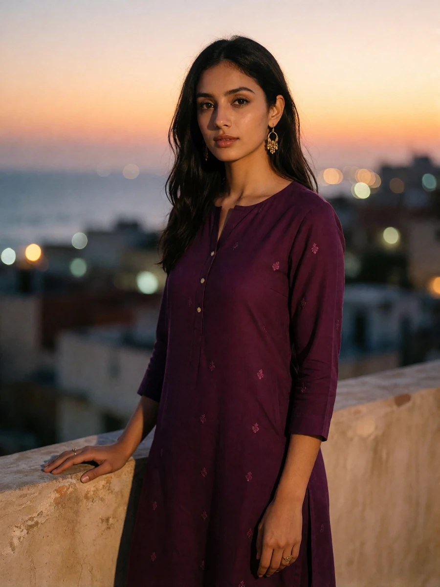 Pakistani woman in a deep plum kurta standing on a rooftop terrace at dusk, a featured Pakistani bride profile photo