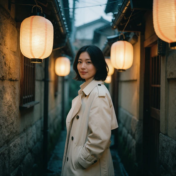 Japanese woman in a cream trench coat in a lantern-lit evening lane, representing Japanese dating profiles