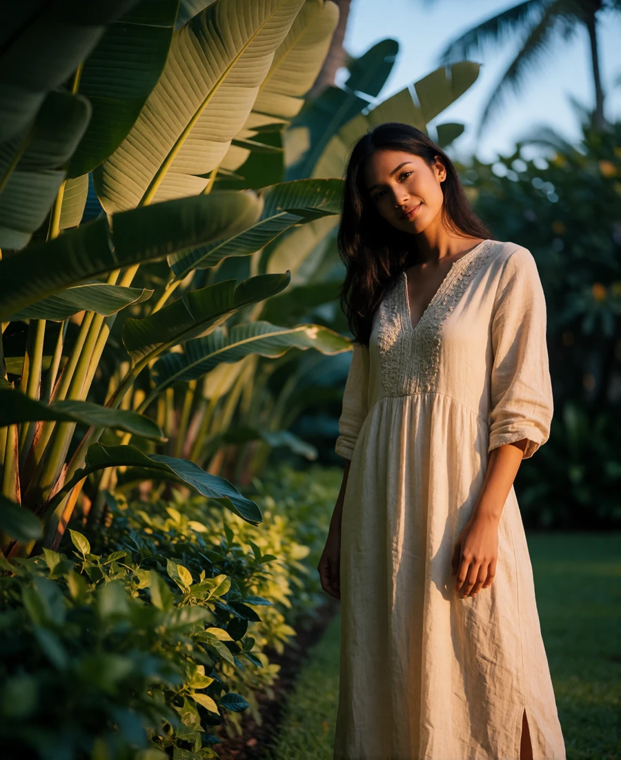 Bruneian woman in a sand-colored maxi dress among tropical foliage in a resort garden, featured member profile photo