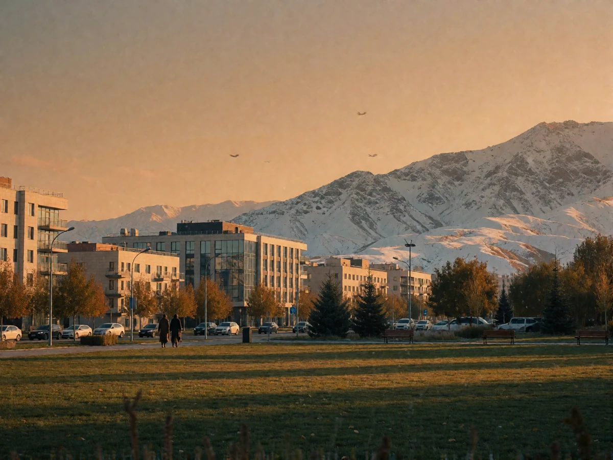 Wide scenic view of a Kazakh city at golden hour with snow-capped mountains rising behind low modern buildings and a tree-lined park