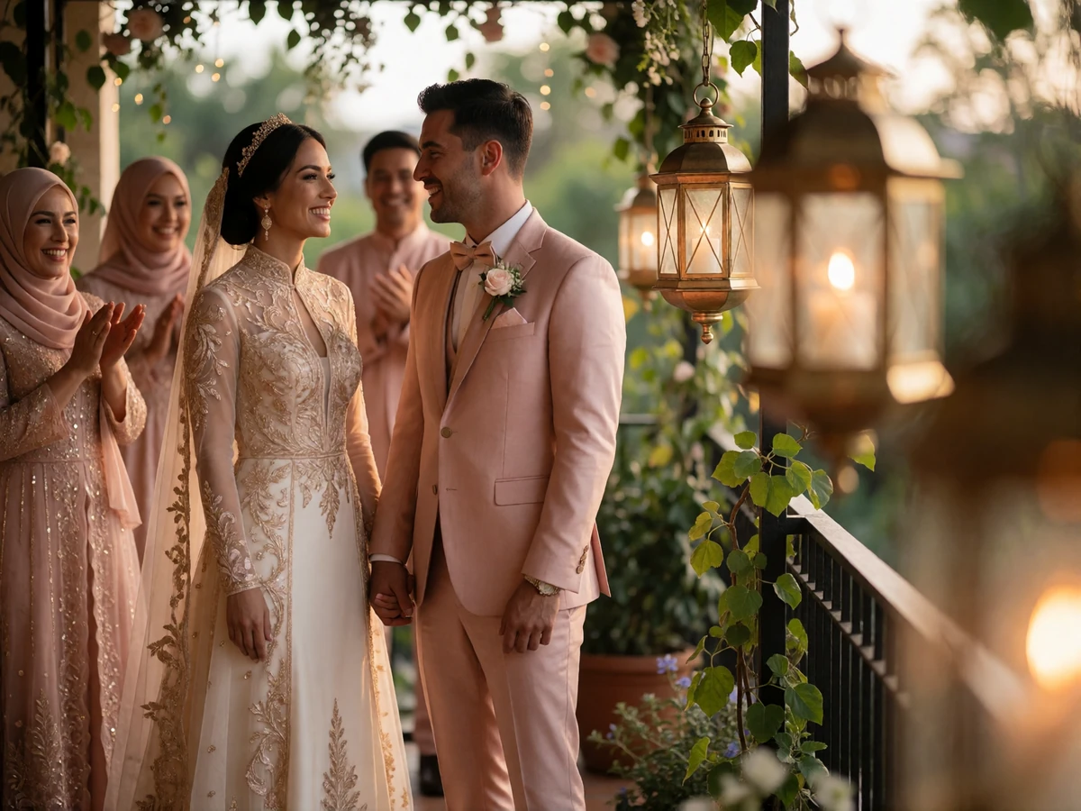 Malaysian bride in an embroidered cream and gold gown with her groom on an open-air terrace, family applauding in the background