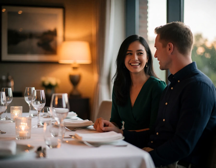 Nepalese woman in a dark green dress laughing softly at a fine dining table beside a Western man in a navy shirt