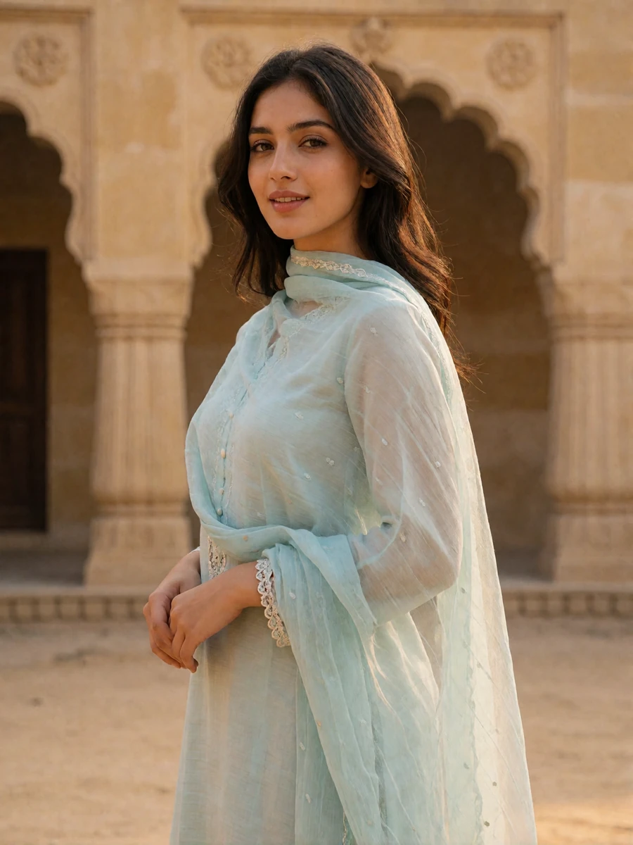Young Pakistani woman in a pale blue kameez and chiffon dupatta smiling in a sunlit stone courtyard, a featured dating profile photo