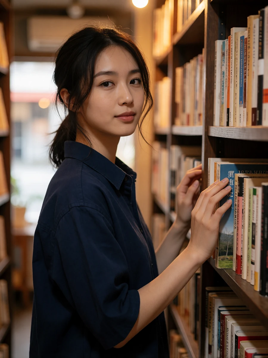 Young Japanese woman in a navy shirt in a narrow bookshop aisle, featured member profile photo