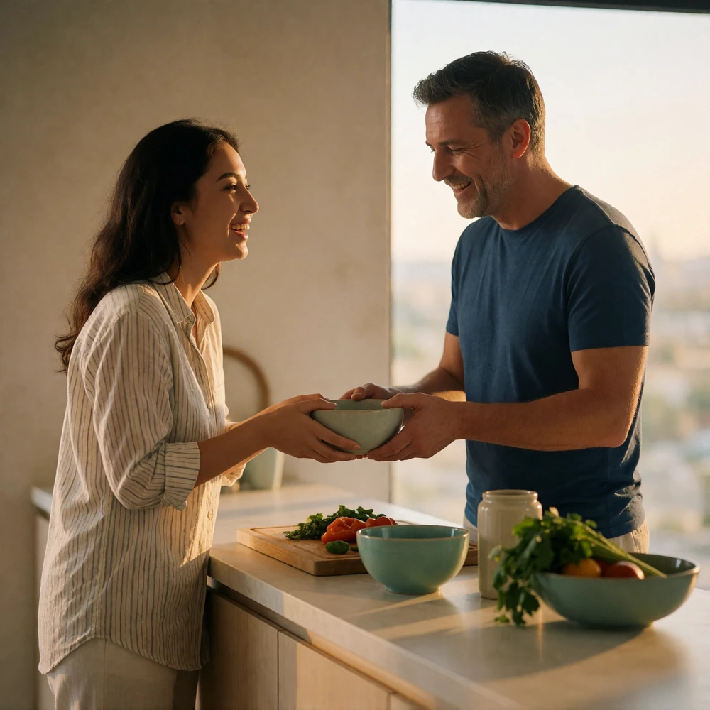 Kazakh woman and Western man laughing together while preparing food at a bright kitchen counter